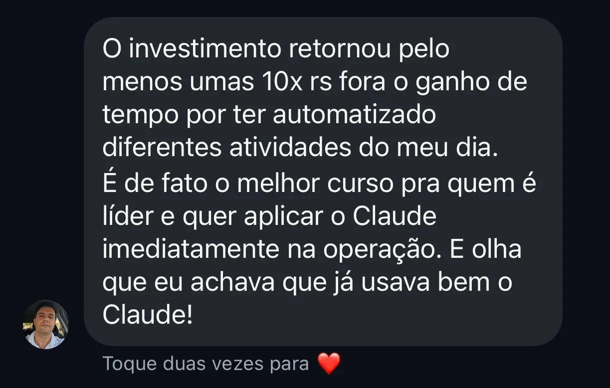 Feedback real do aluno Antonio sobre o curso Claude para Líderes
