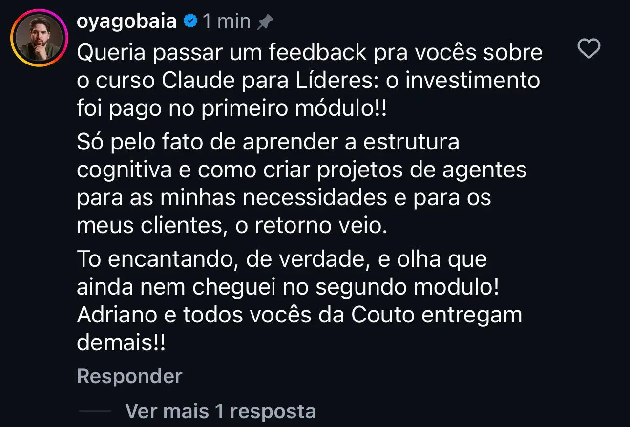 Feedback real de um aluno do Claude para Líderes enviado por WhatsApp