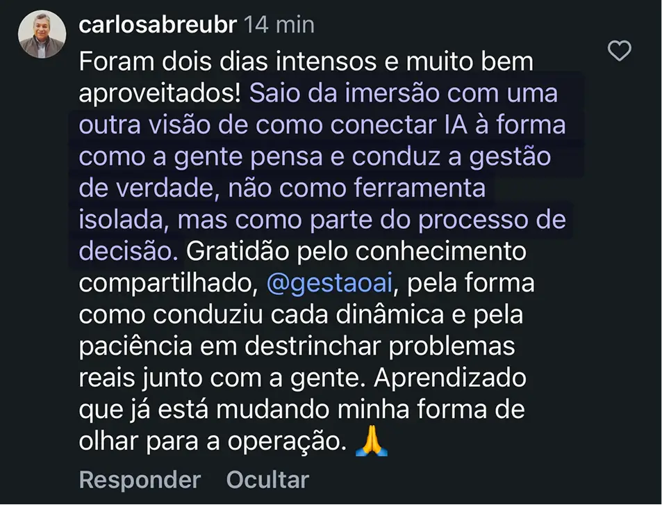 Feedback de Carlos Abreu sobre a imersão